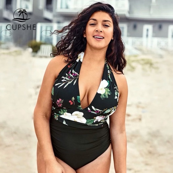 CUPSHE Plus Size Floral Leaf Print V-Neck One Piece Swimsuit Women Sexy Halter - Picture 8 of 8